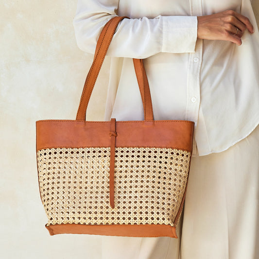 Rattan Weave Tote - Brown Trim