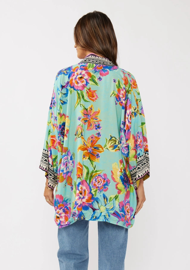 Aqua Reversible Floral Kimono
