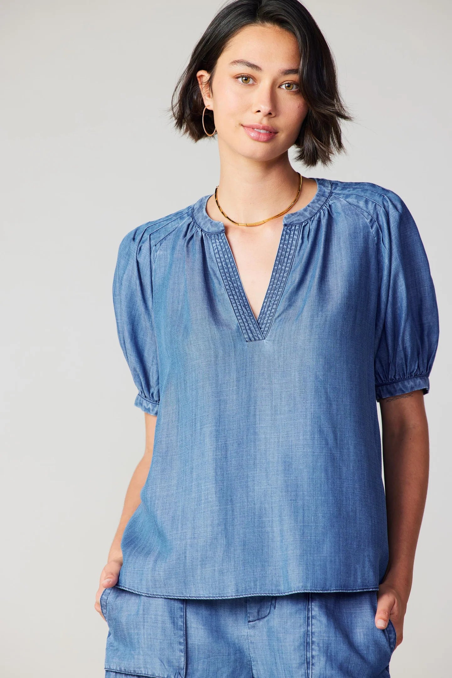 V Neck Chambray Top