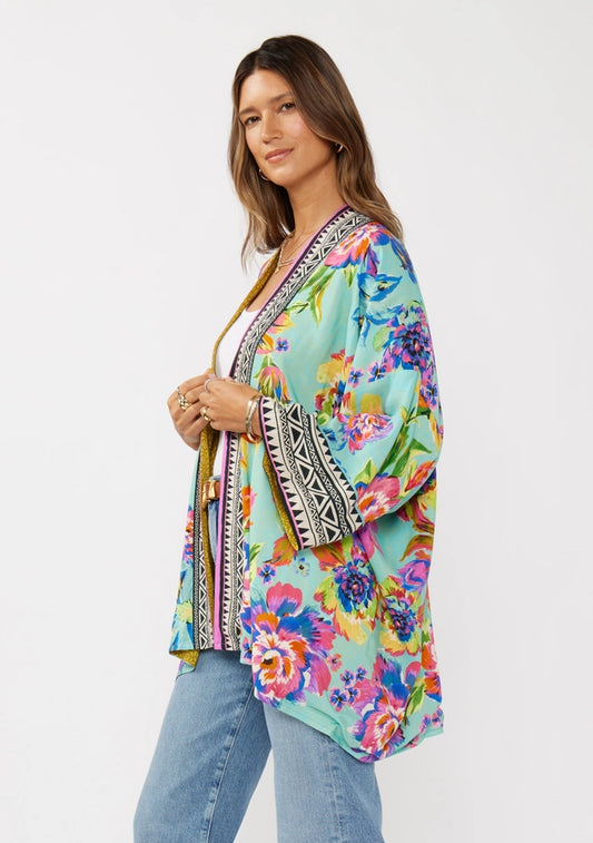 Aqua Reversible Floral Kimono