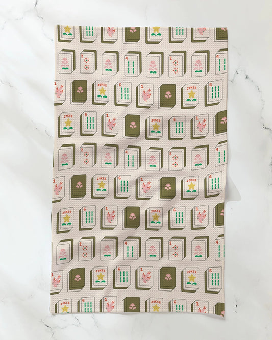 Mahjong Flower Tiles Towel - White