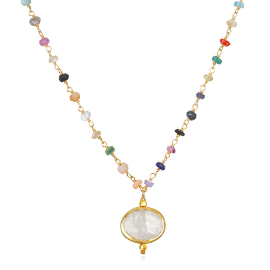 Bezel Charm Moonstone Rainbow Necklace