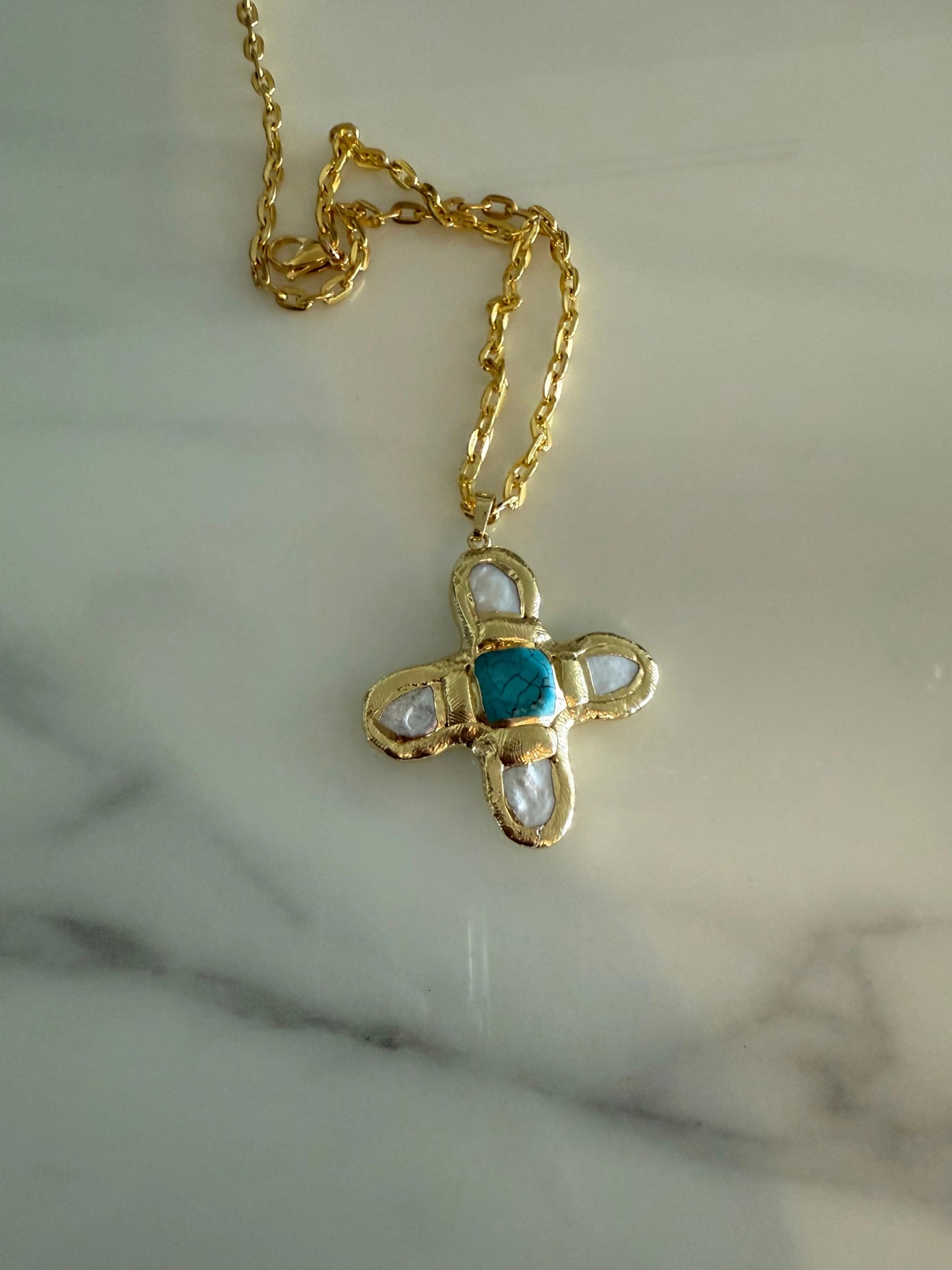 Pearl & Turquoise Cross Necklace