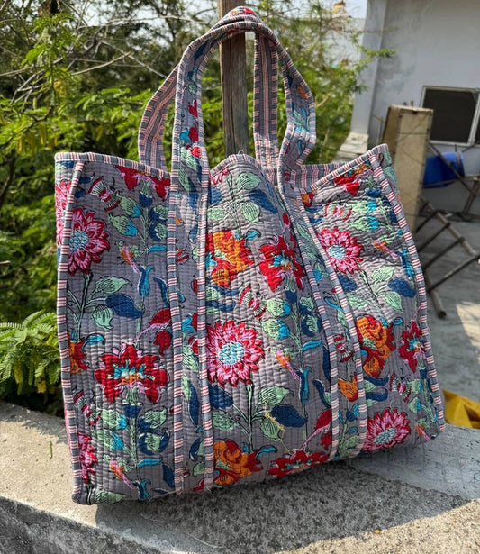 Gray Floral Quilted Tote