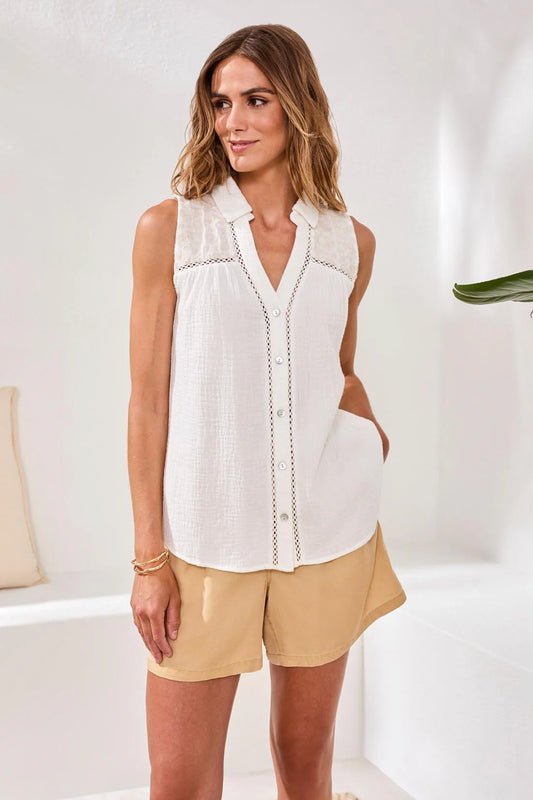 Gauze Embroidered Sleeveless Blouse
