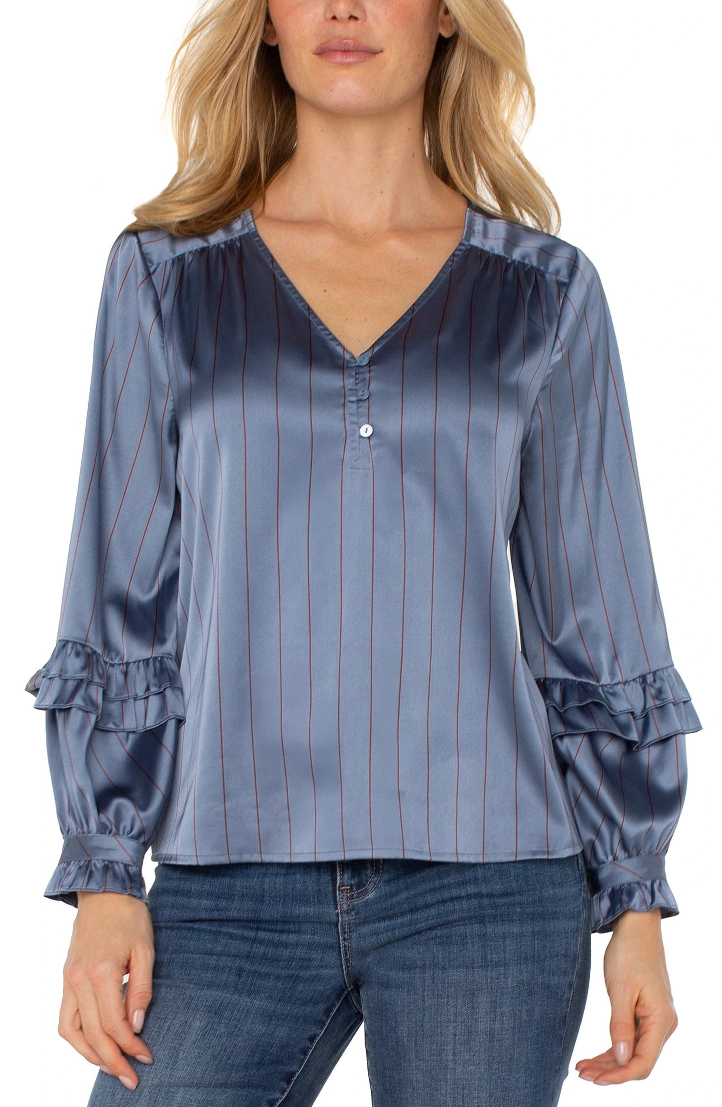 Pinstripe Ruffle Sleeve Blouse