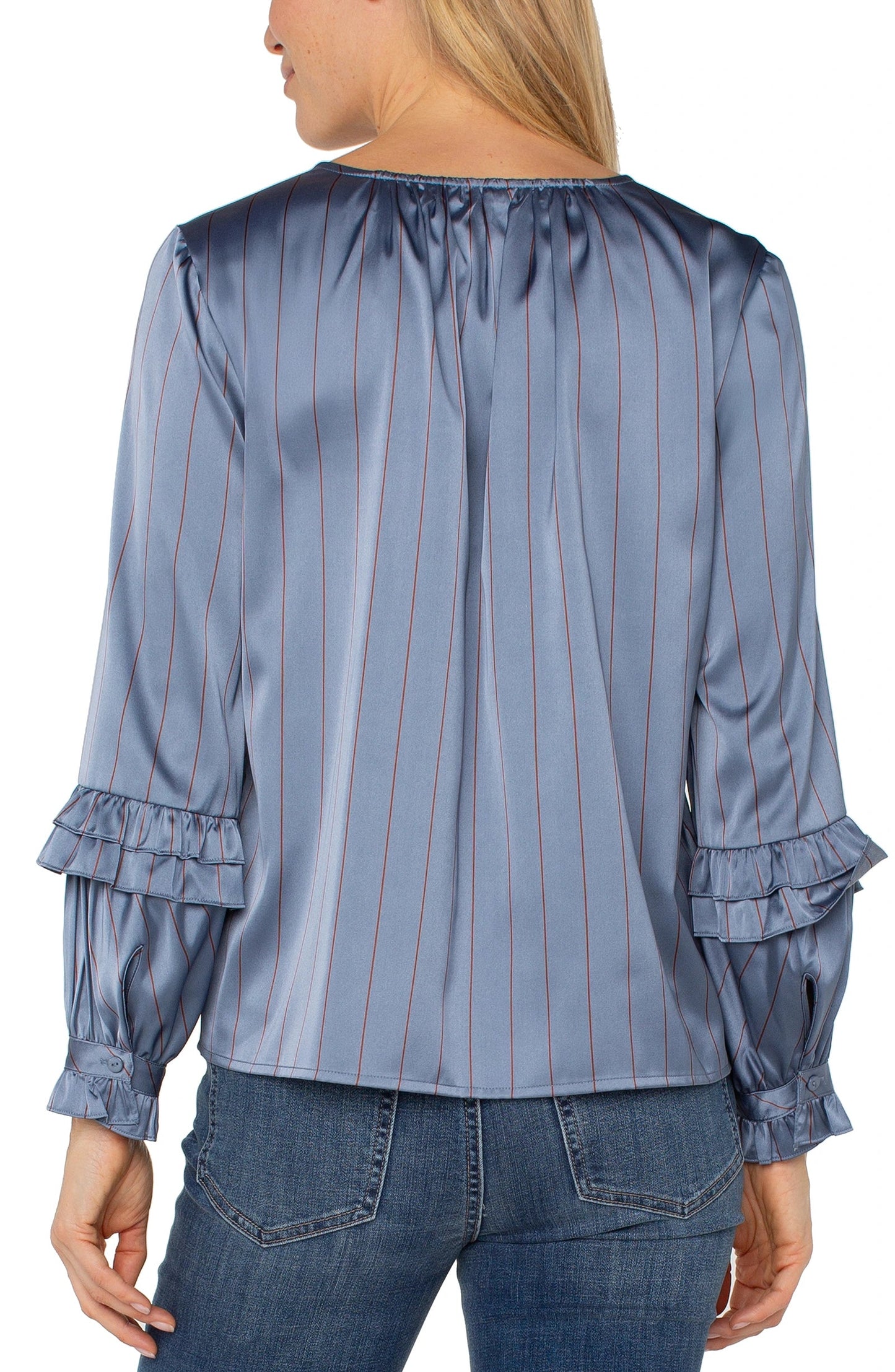 Pinstripe Ruffle Sleeve Blouse
