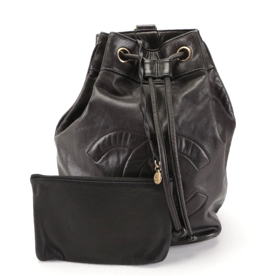 Chanel CC Drawstring Sling Backpack Bag in Black Lambskin Leather